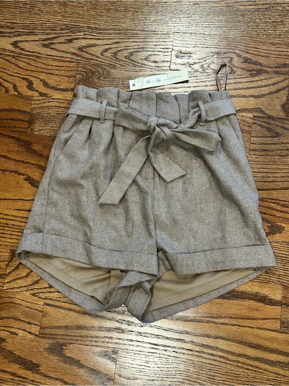 High-Waist Paperbag Shorts with Tie Belt - Taupe